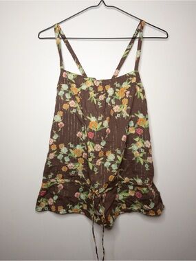Y2K Brown Floral Adjustable Spaghetti Strap Tank with Drawstring Waist